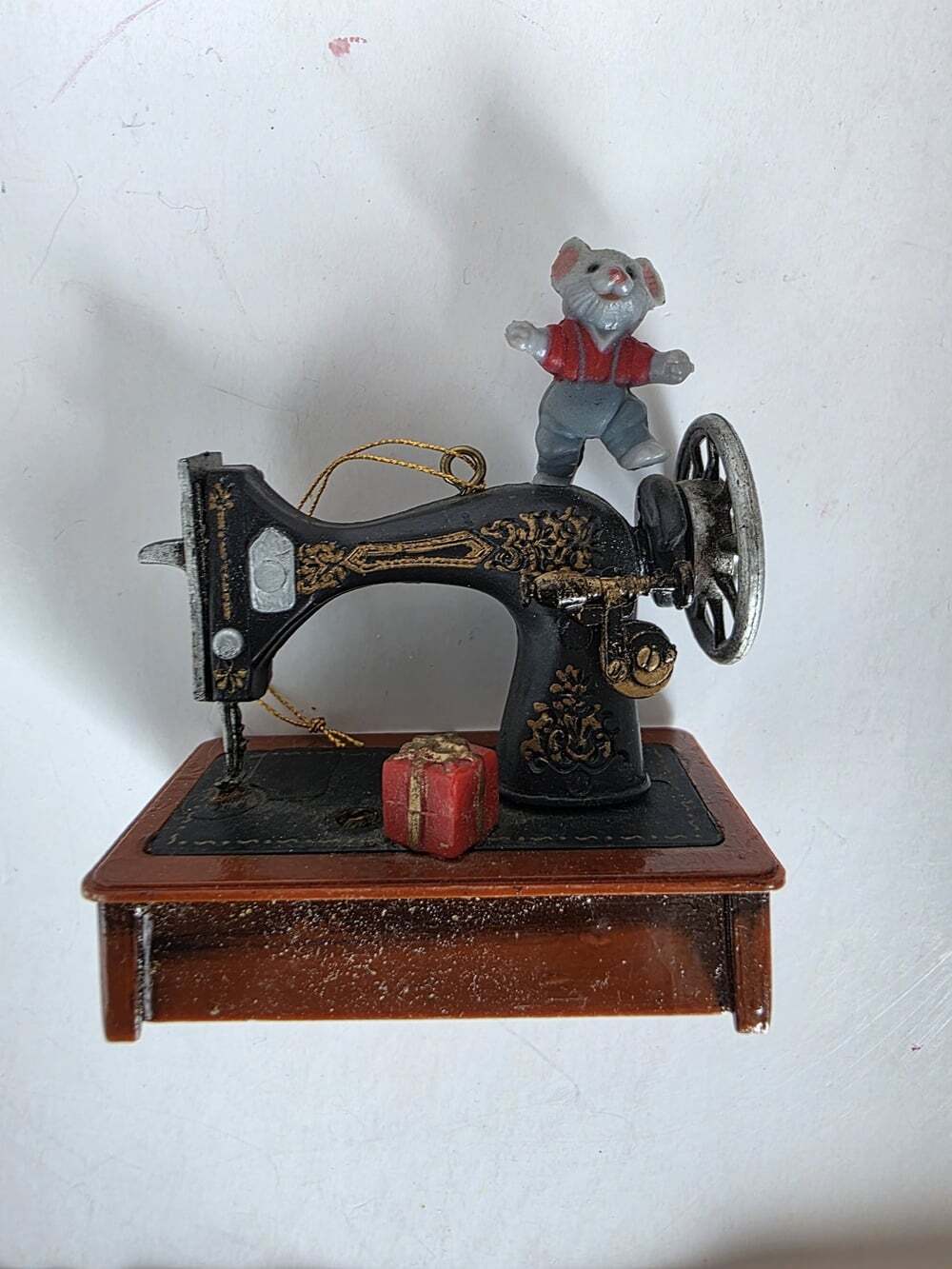 Miniature Sewing Machine Ornament with Mouse Figure & Gift Box - Collectible